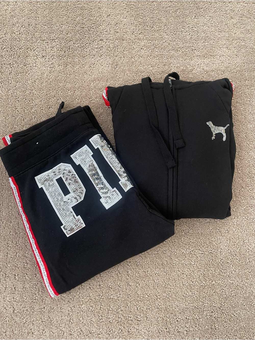 PINK Victoria's Secret Black sequins bling Logo Sweatpants hoodie set